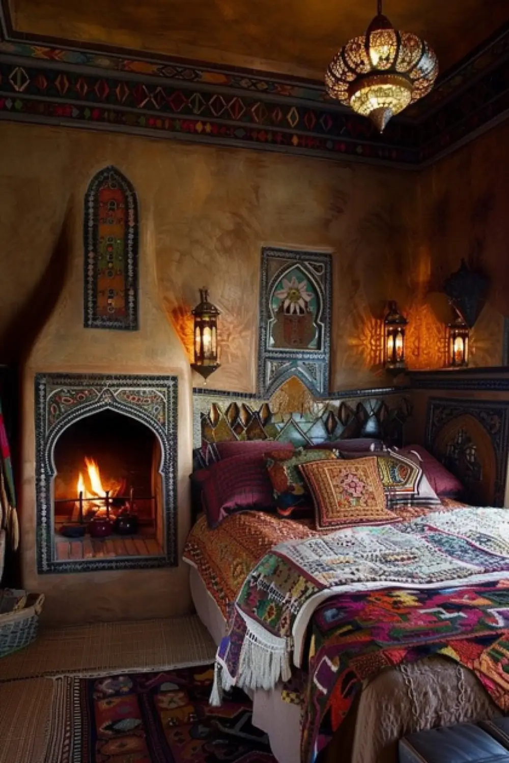 Moroccan style fireplace in boho bedroom
