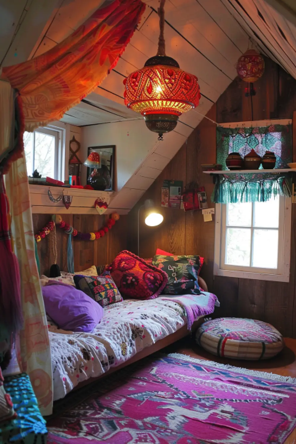 Bedroom nook with rainbow accent pillows.