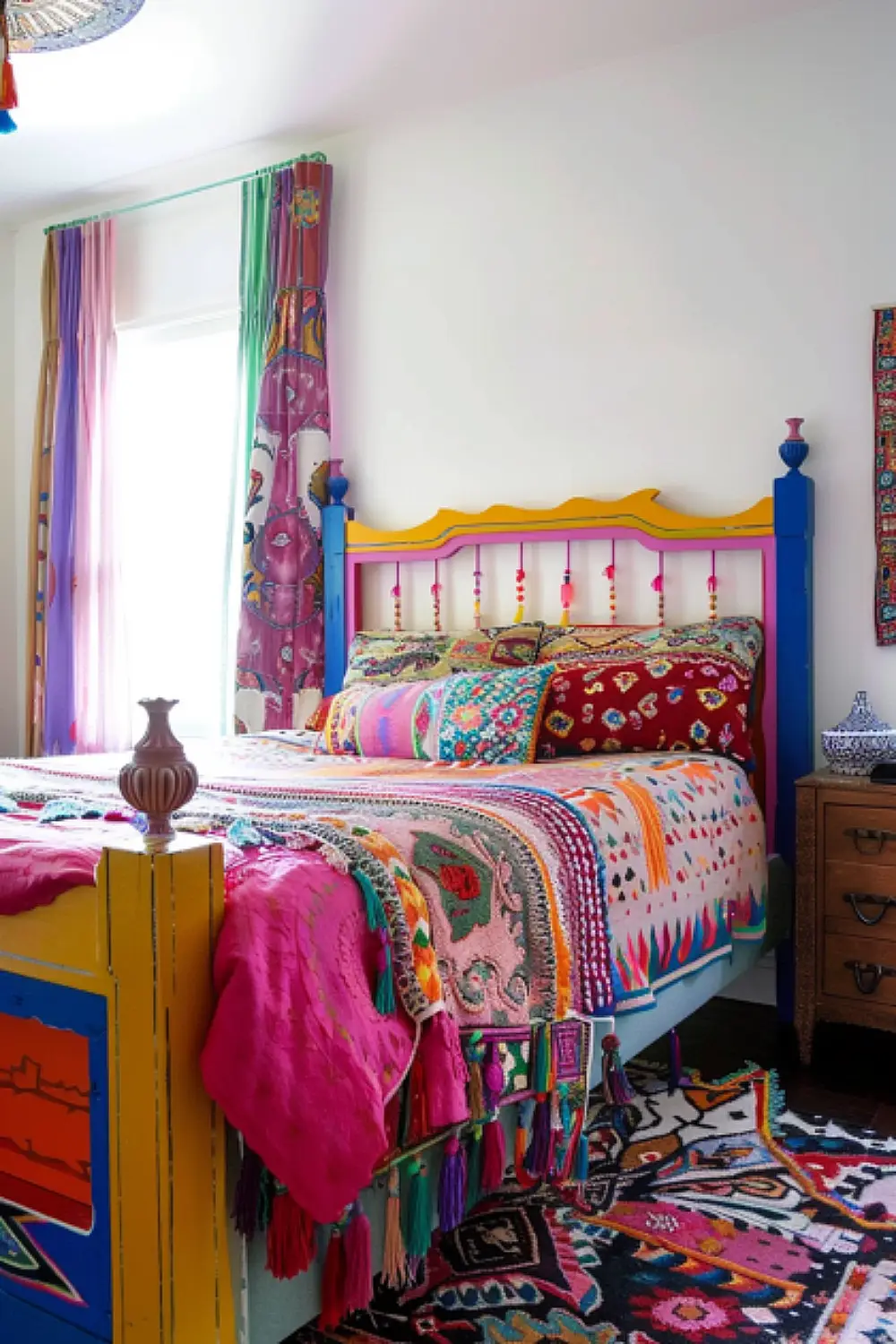 Bedroom with a rainbow bed frame.