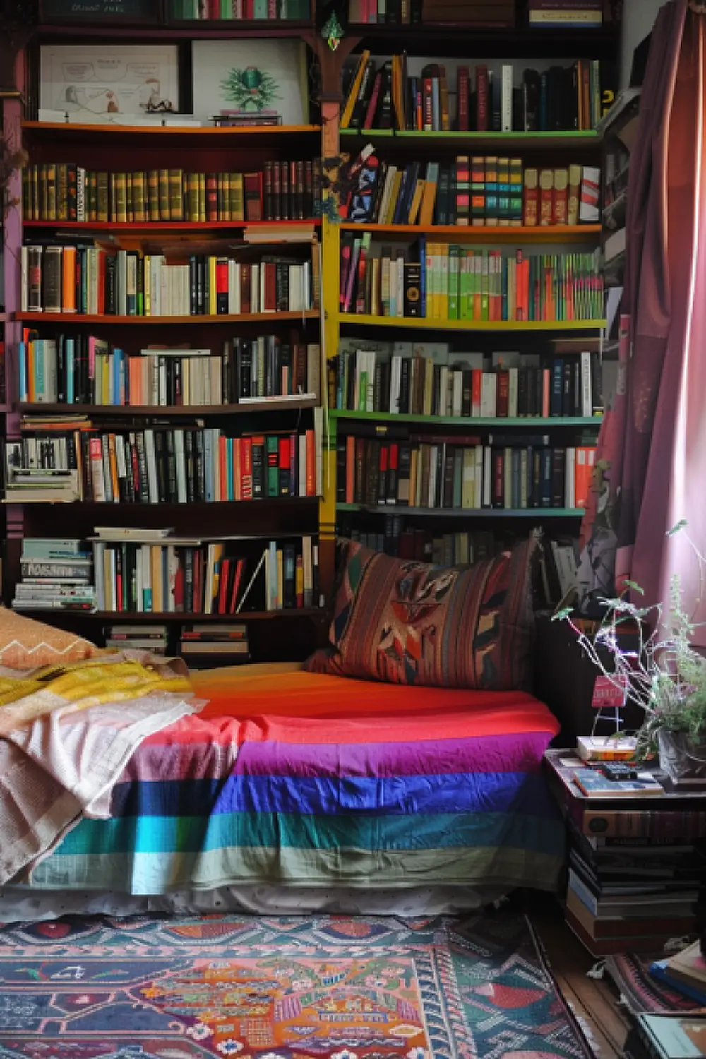 Organized rainbow bookshelf in a bedroom.