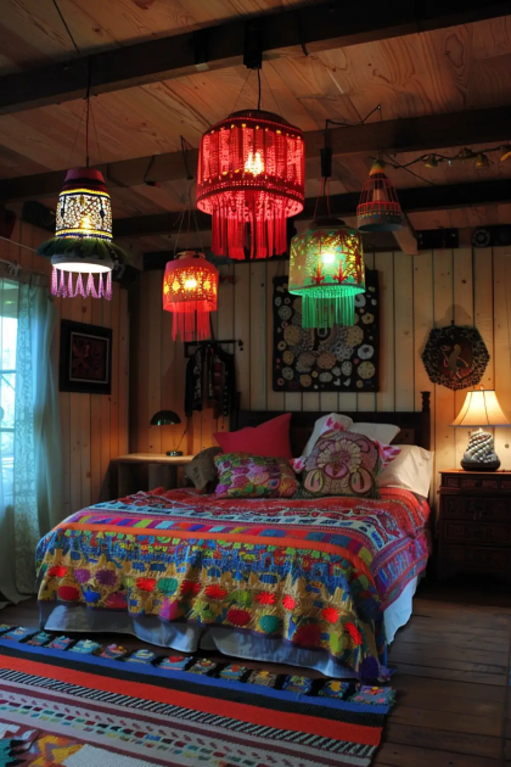 Bright boho lighting in a rainbow-themed bedroom.