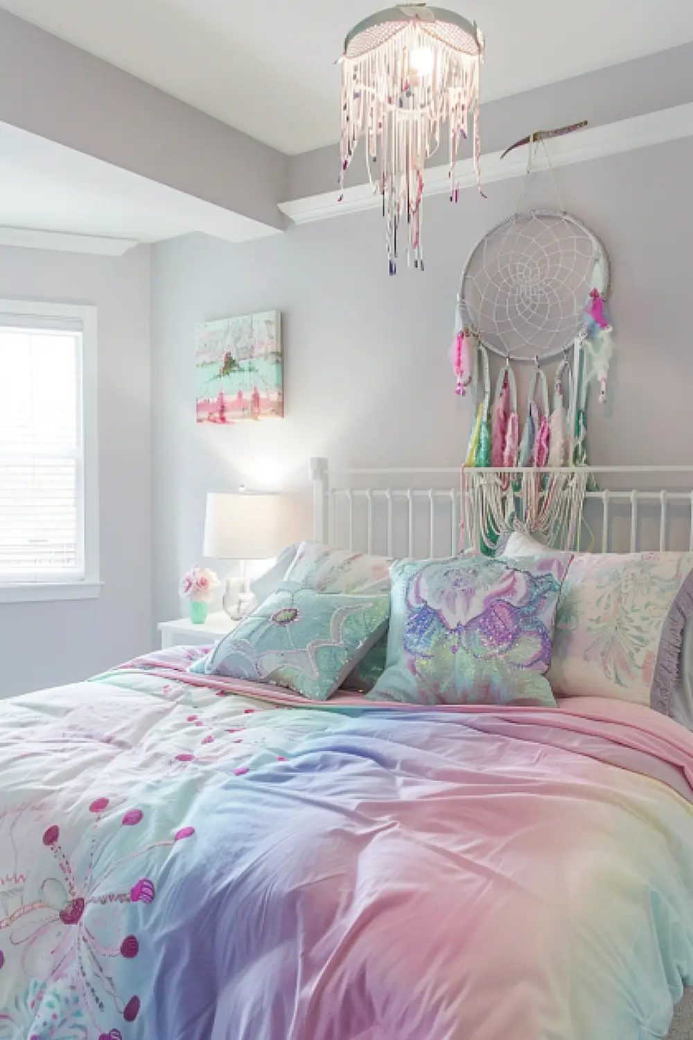 Bedroom with rainbow dreamcatcher and pastel bedding.