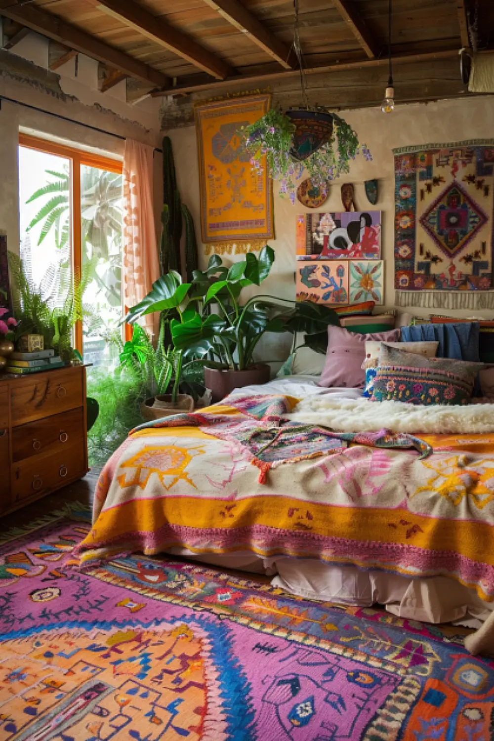 Cozy bedroom with multi-colored rugs and textured pillows.