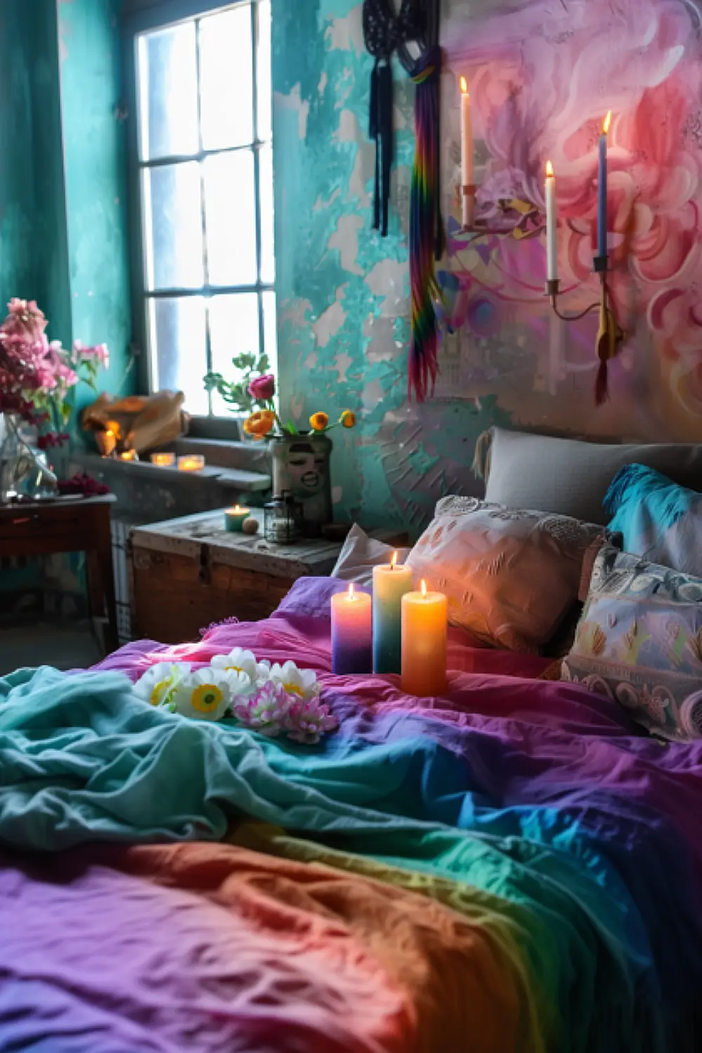 Bedroom with soothing rainbow pillar candles.