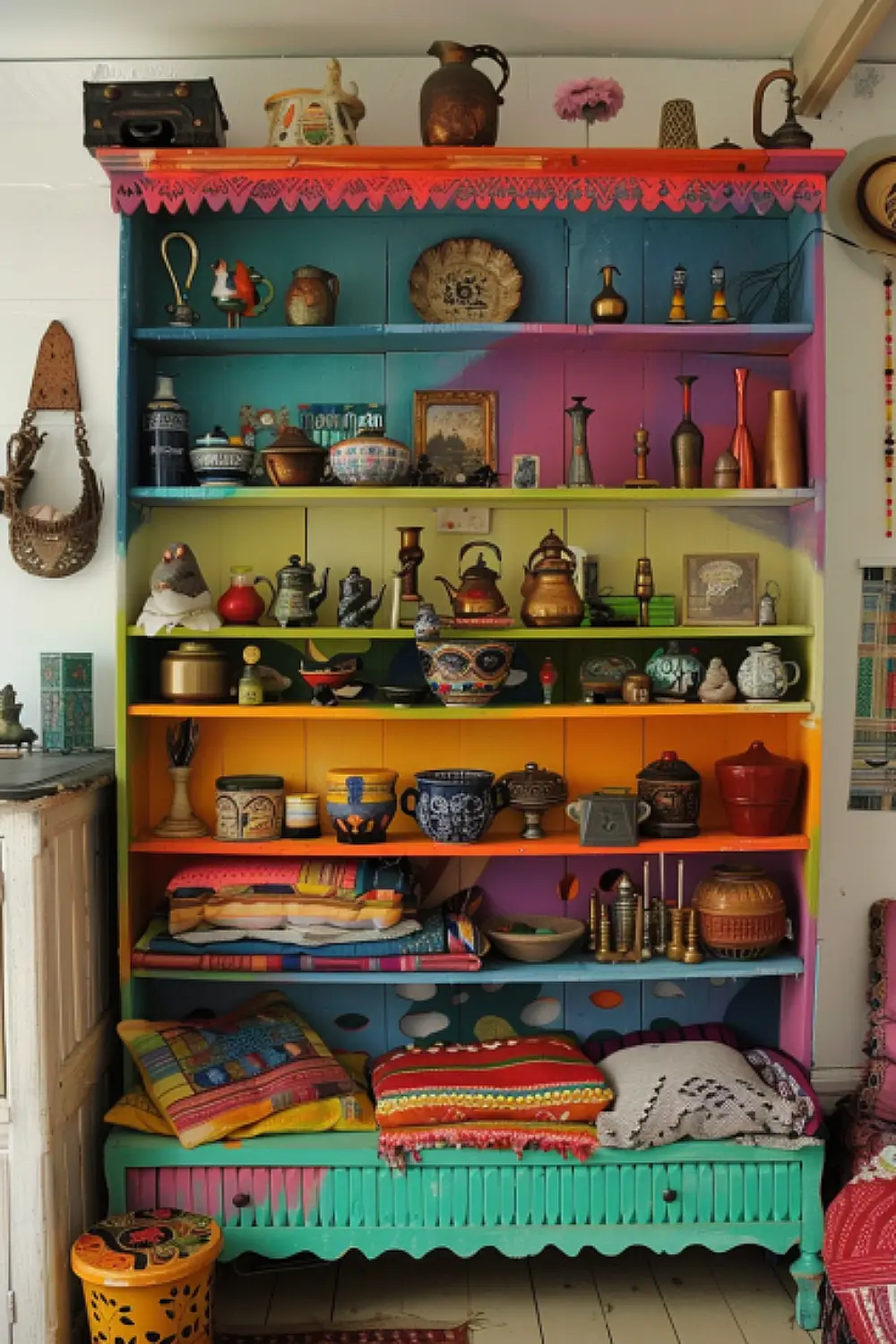 Bedroom with rainbow painted shelves.
