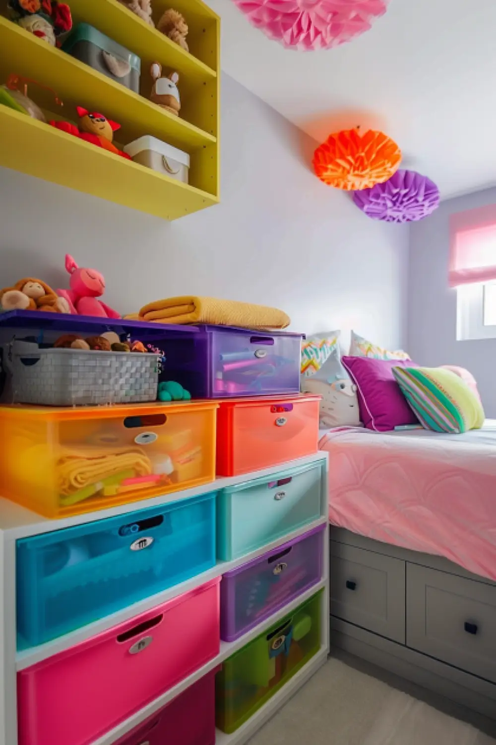 Organized bedroom with rainbow storage solutions.