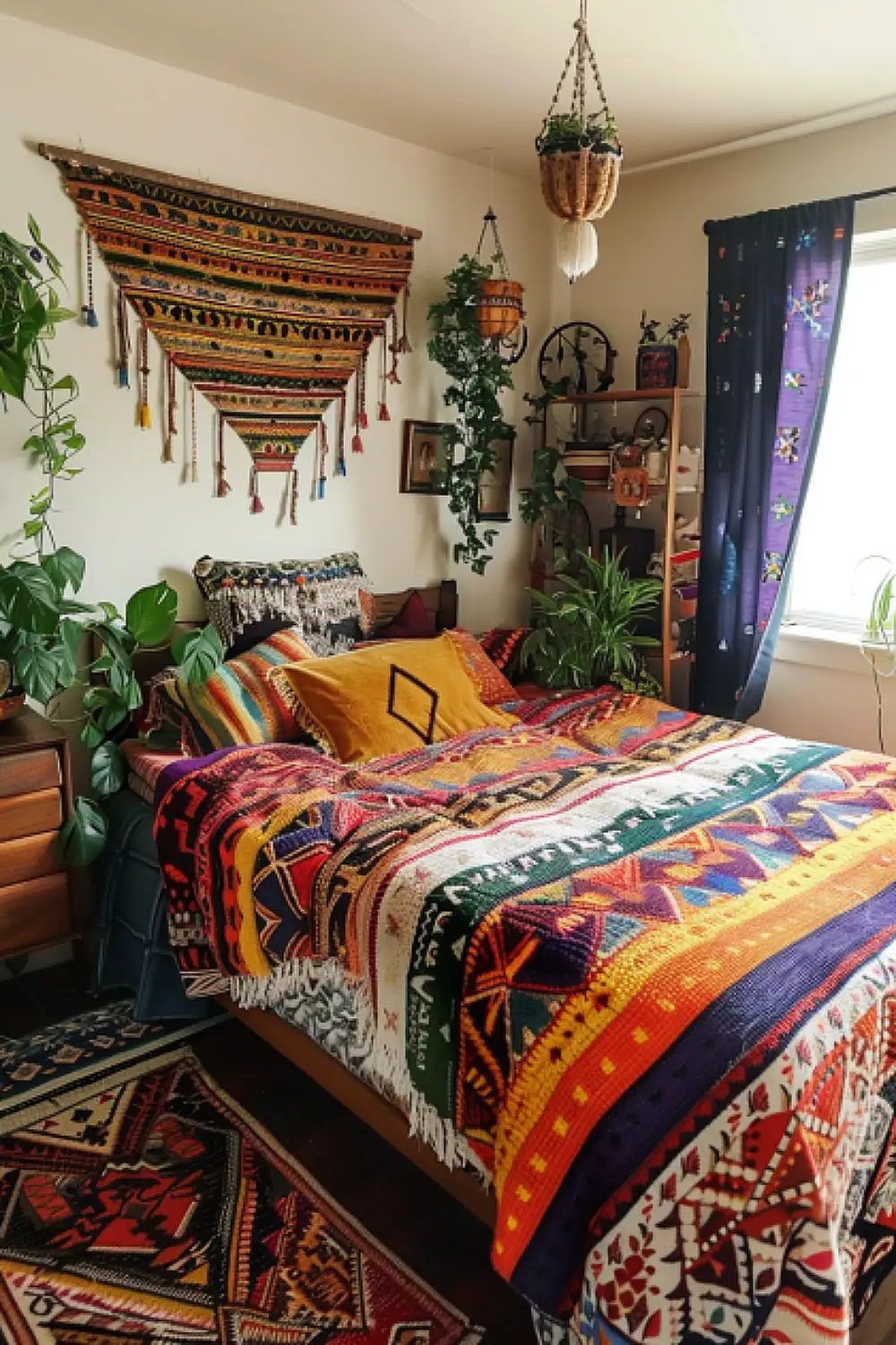 Bedroom with soft rainbow throw blankets.
