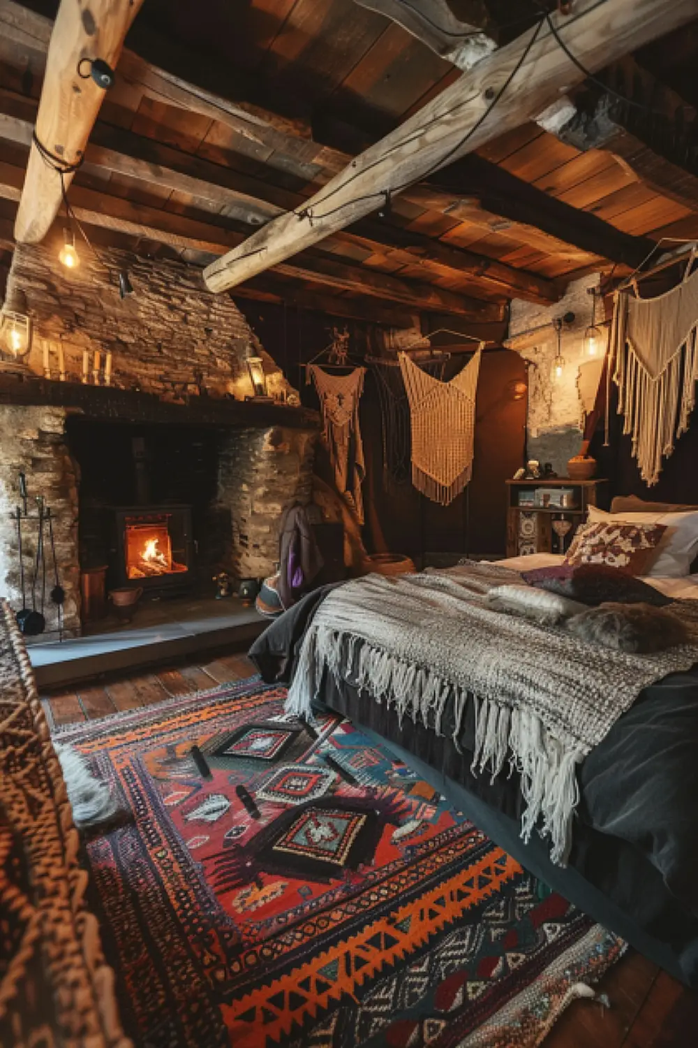 Rustic stone fireplace in a boho bedroom