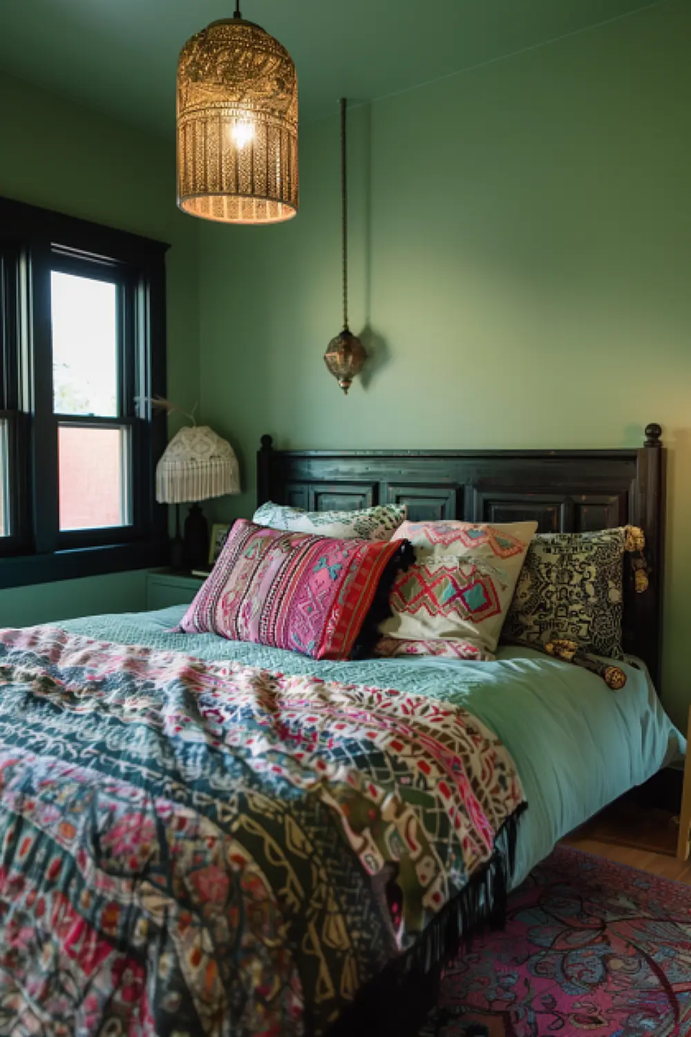 Exotic patterned decor in a boho bedroom.