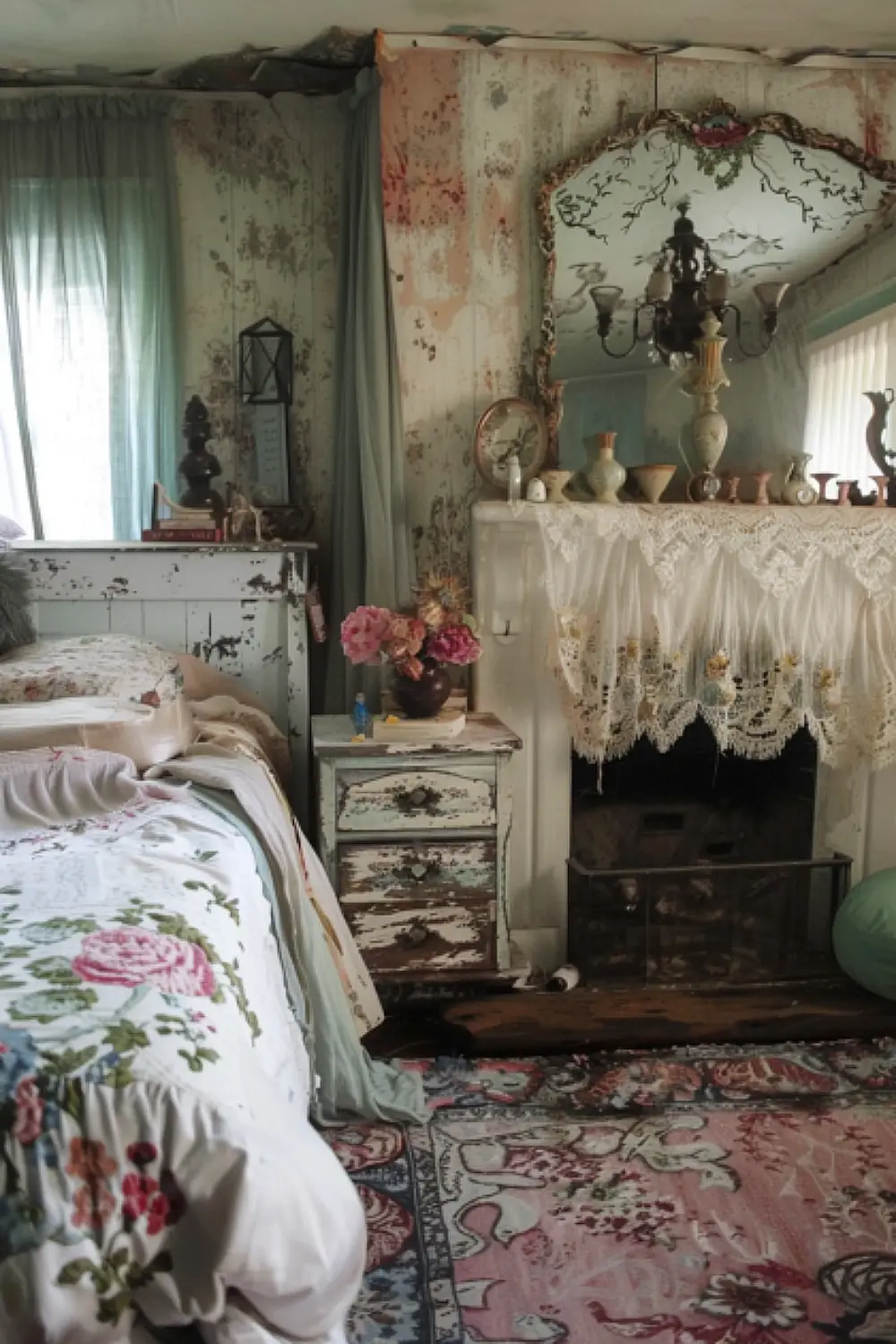Shabby chic fireplace in boho bedroom