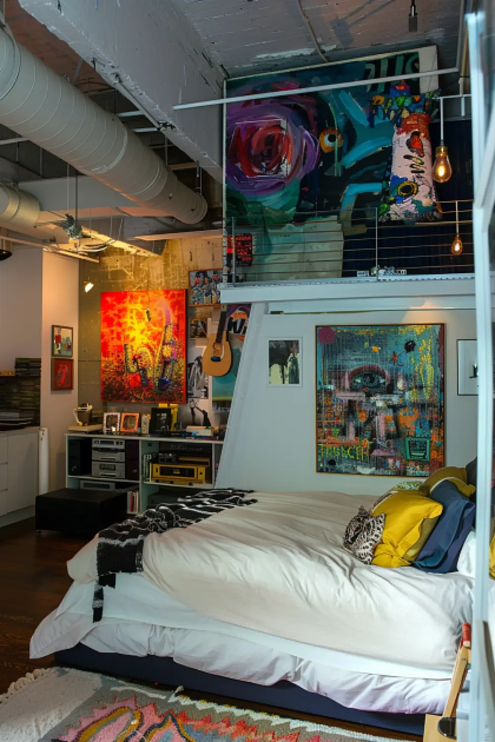 Artistic small boho bedroom with loft layout