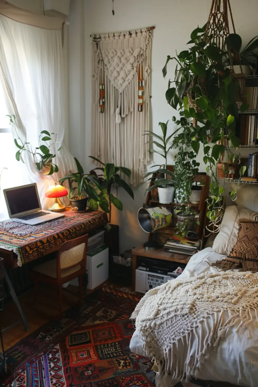 Compact boho chic bedroom with workspace area