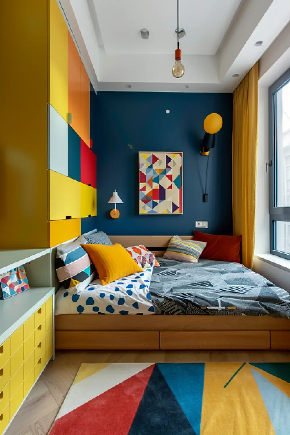 Playful small boho bedroom with color blocking