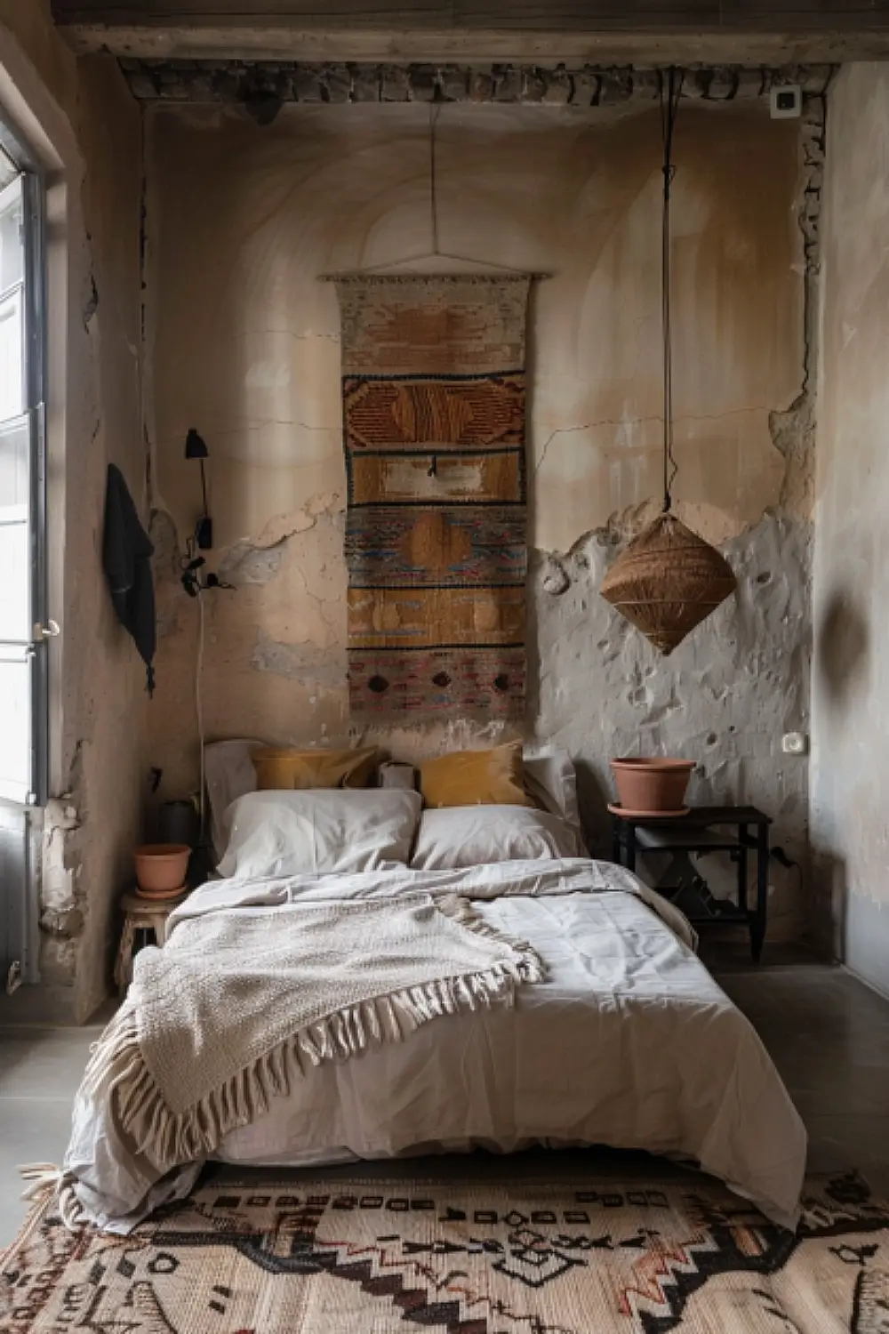 Small boho bedroom with earthy tones and woven textures