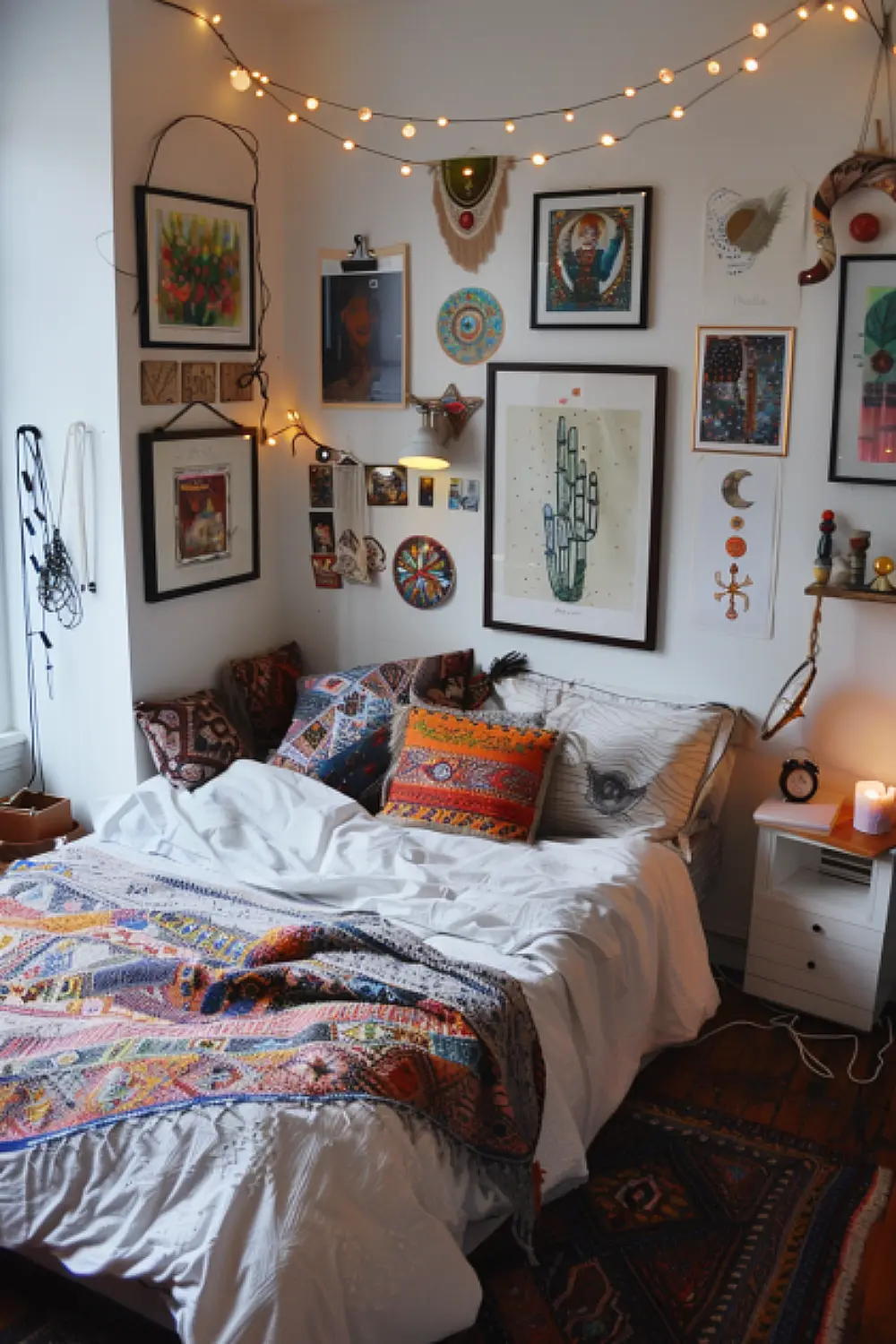 Small boho bedroom with a decorative gallery wall