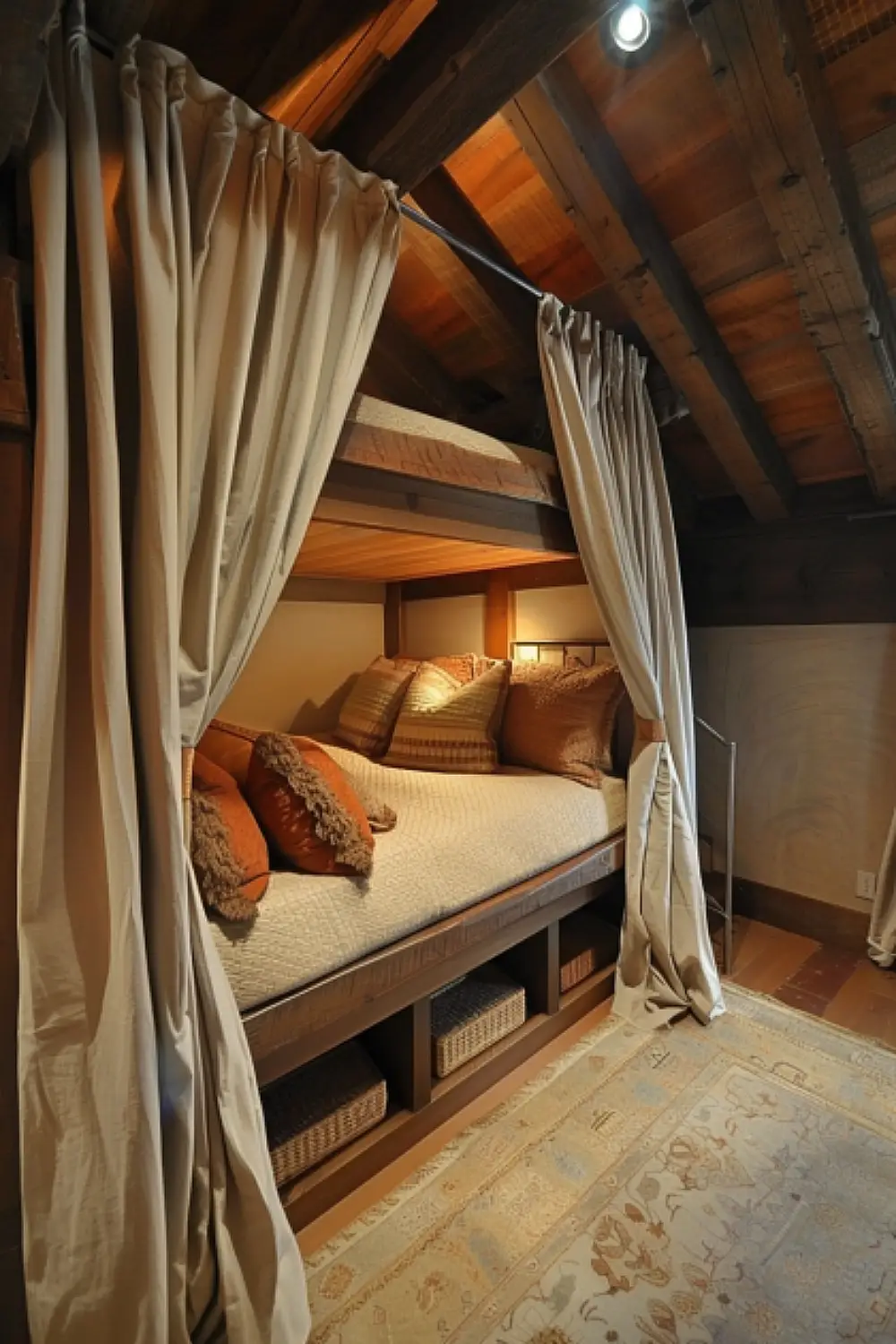 Efficiently designed small boho bedroom with a loft bed