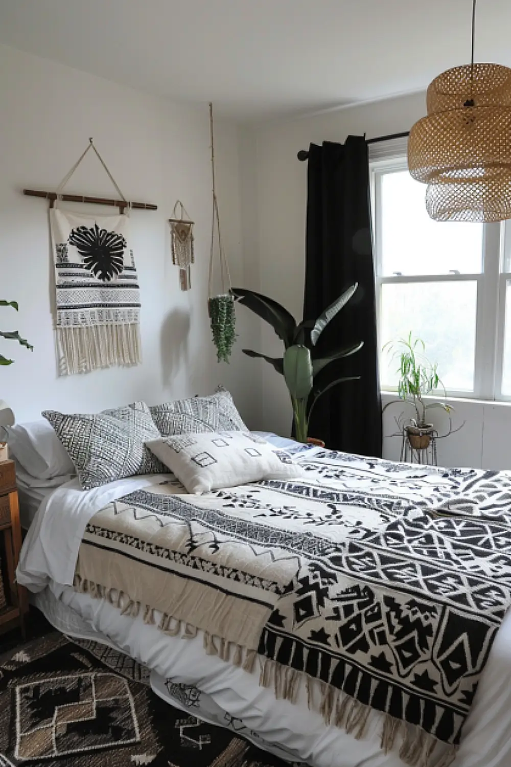 Small bedroom with monochrome boho decor