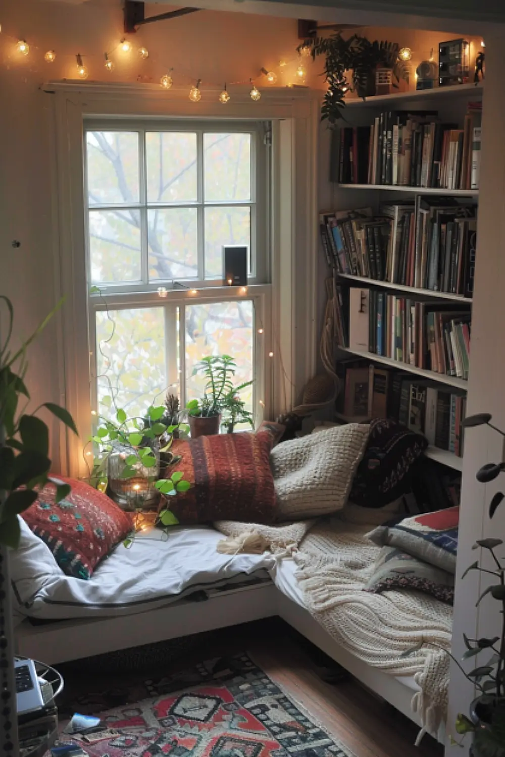 Small boho bedroom with a cozy reading nook