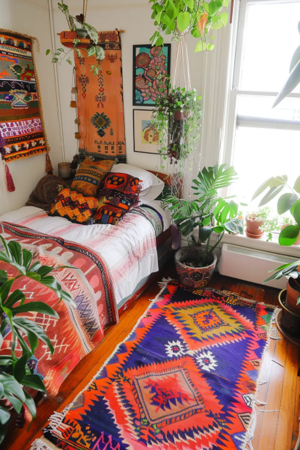 Small bedroom with vibrant layered rugs and hanging plants in boho style