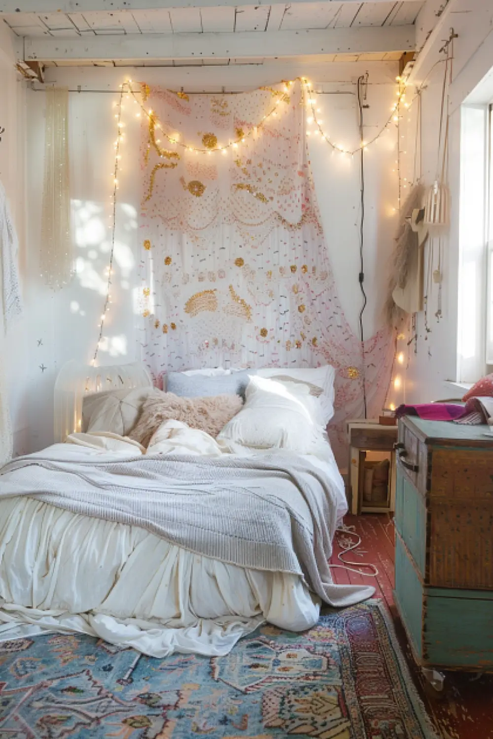 Dreamy small bedroom with whimsical boho decor