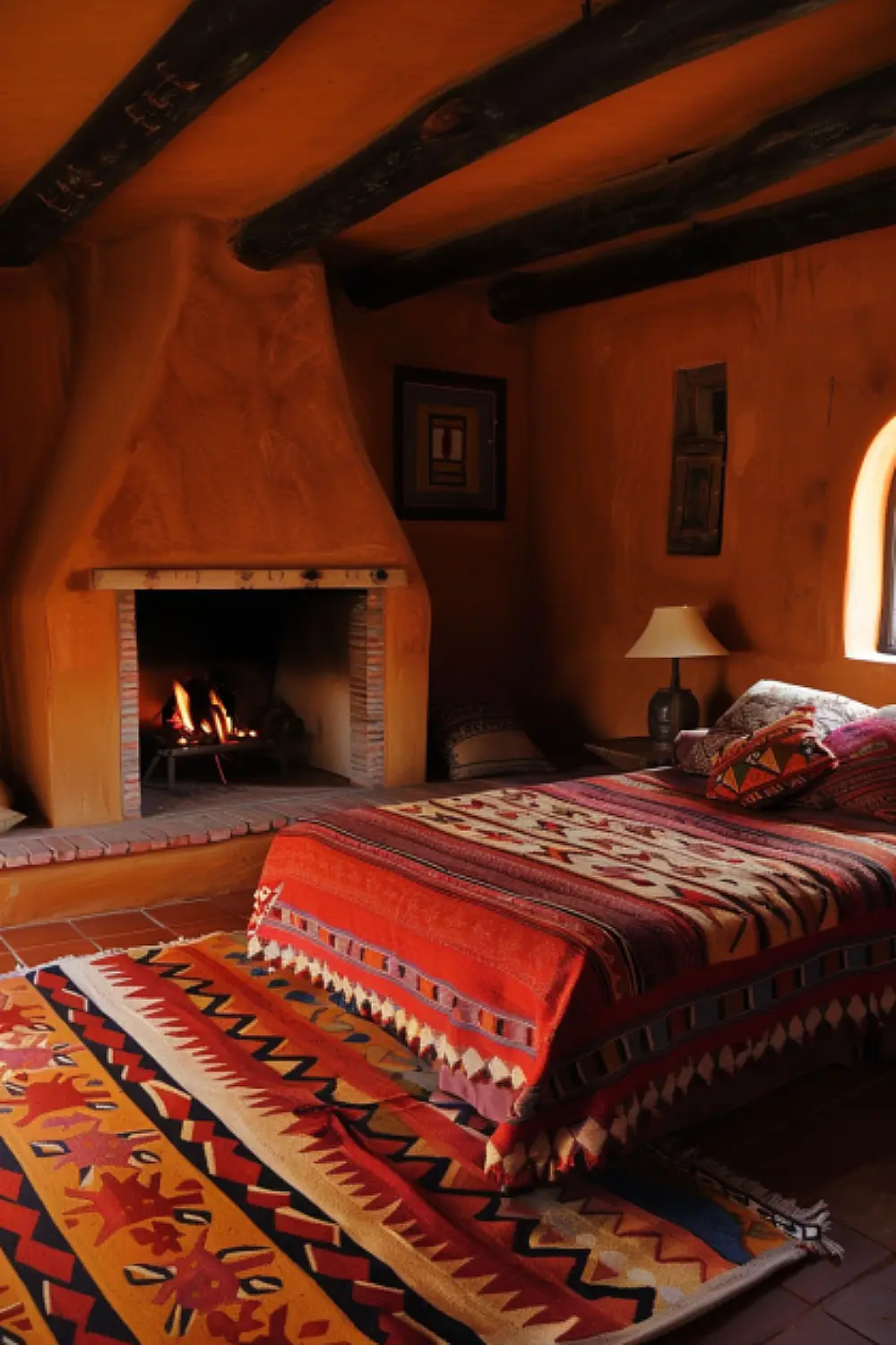 Southwestern style fireplace in boho bedroom