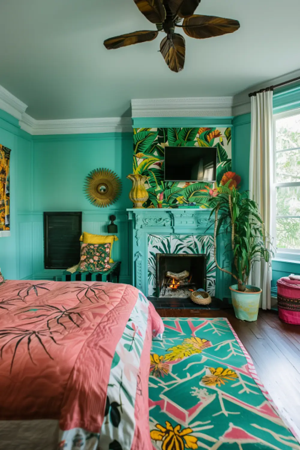 Tropical themed fireplace in boho bedroom