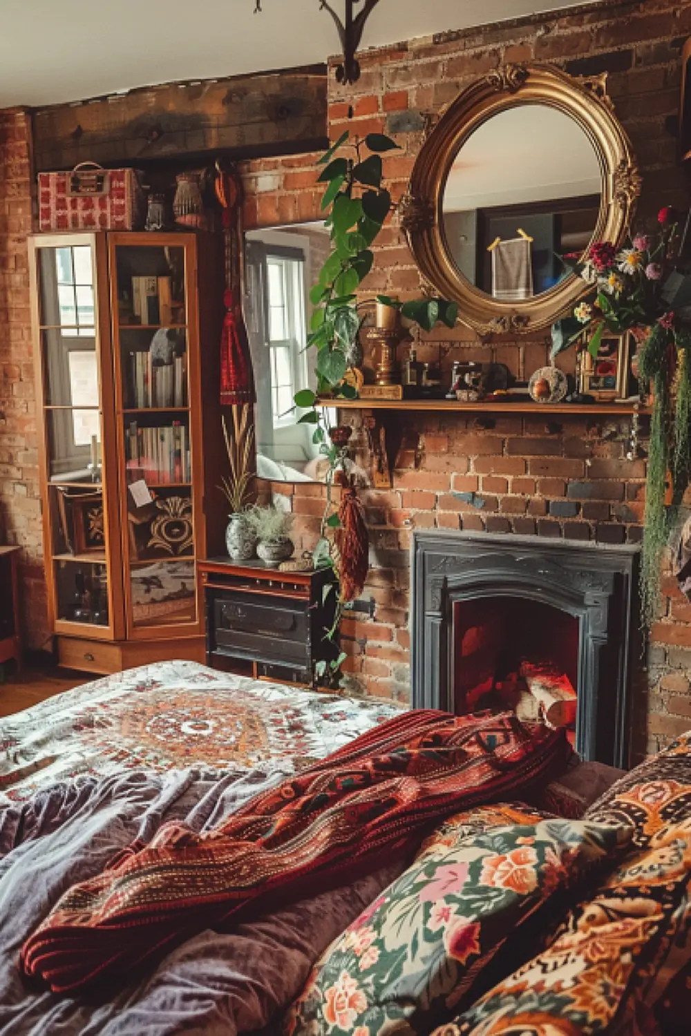 Vintage brick fireplace in boho bedroom
