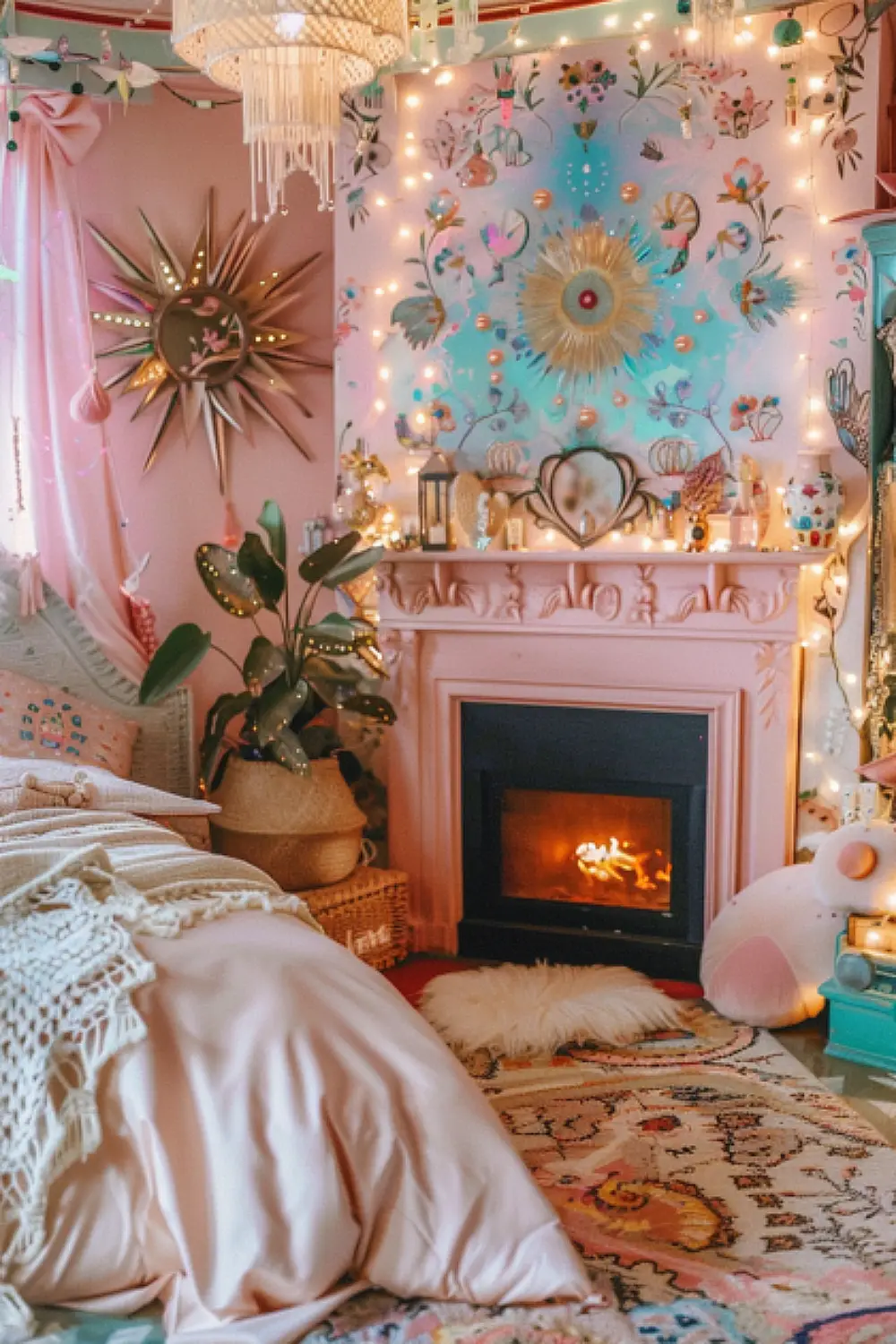 Whimsical fireplace in a boho bedroom