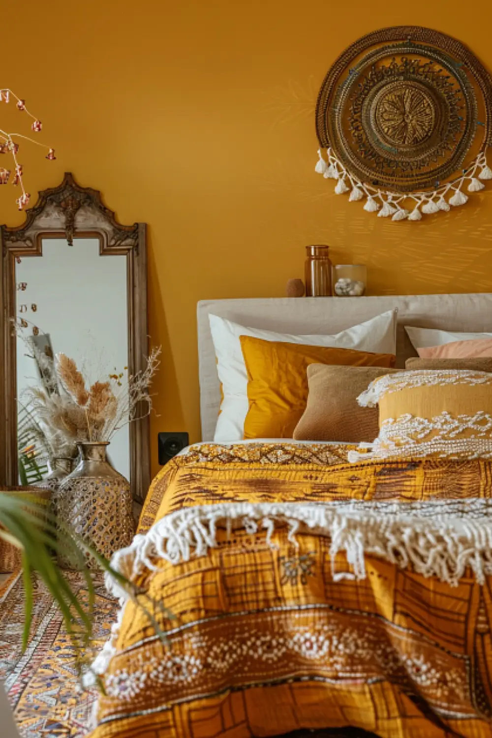 Exotic Boho Bedroom with Ochre Yellow Accents