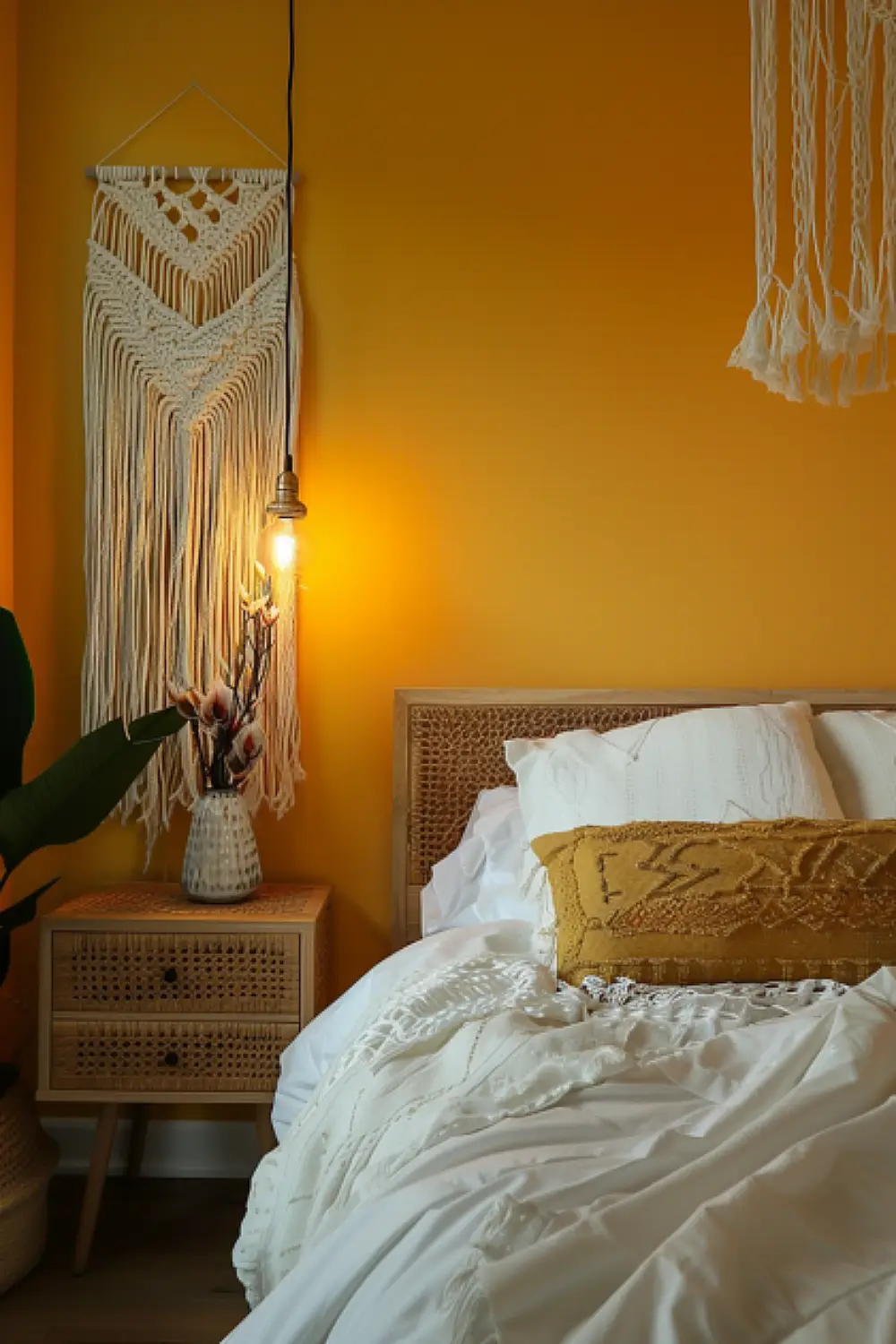 Yellow Boho Bedroom with Macrame Wall Decor