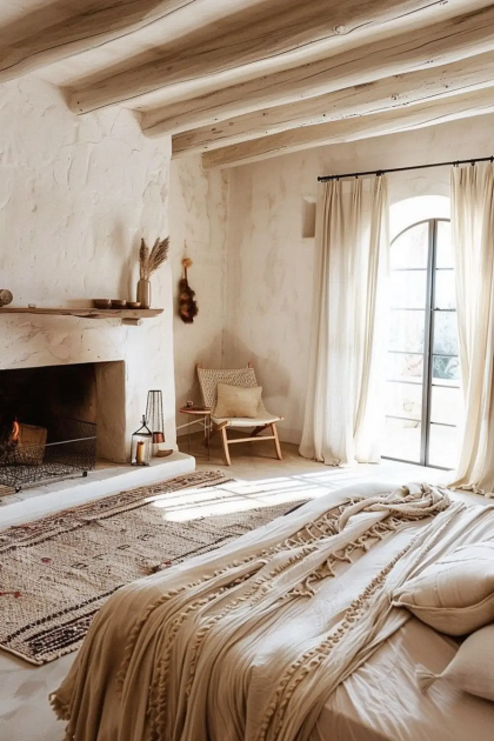 Zen inspired fireplace in boho bedroom